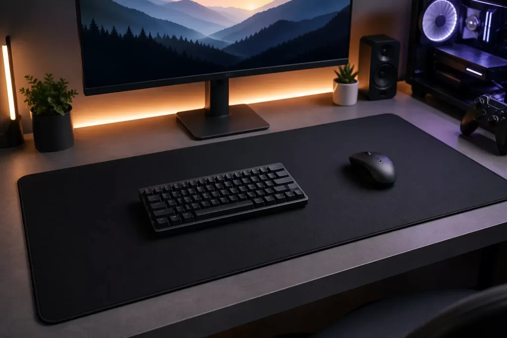 : Minimalistische gaming setup met een grote desk mat die rust, overzicht en extra comfort op het bureau brengt.