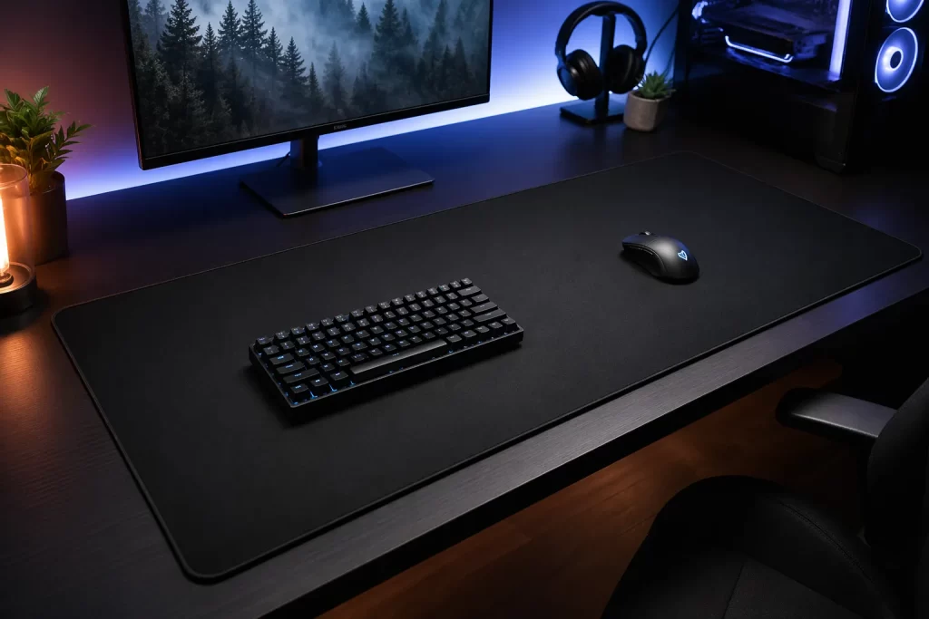 Strakke bureau-opstelling met een extra grote gaming muismat voor meer controle, comfort en een nette look.