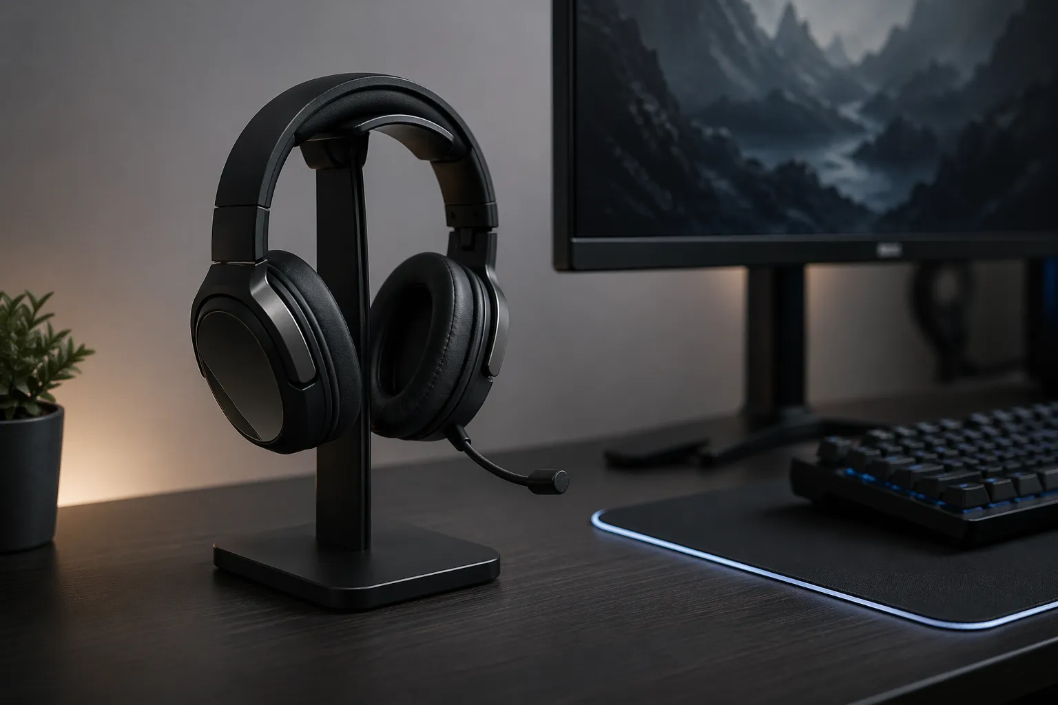 Een strakke headset standaard voor een opgeruimd en rustig gaming bureau.