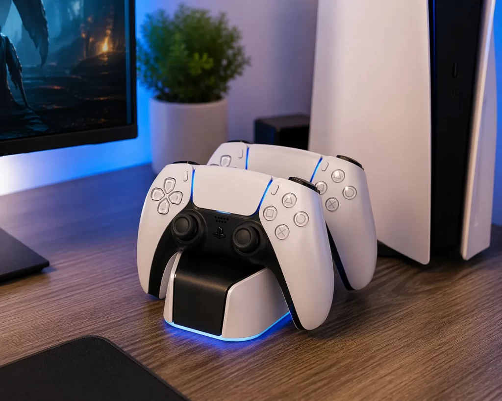 Opgeladen controllers en een strakke, opgeruimde gaming setup op je bureau.
