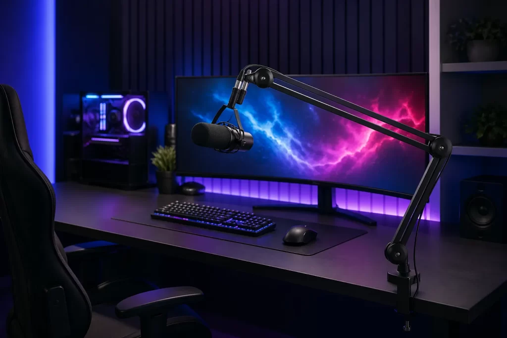 Moderne bureau-opstelling met microfoonarm, meer werkruimte en een nette, professionele uitstraling.