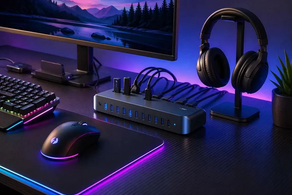 Meer aansluitingen en een opgeruimd bureau voor een praktische en moderne gamingplek.