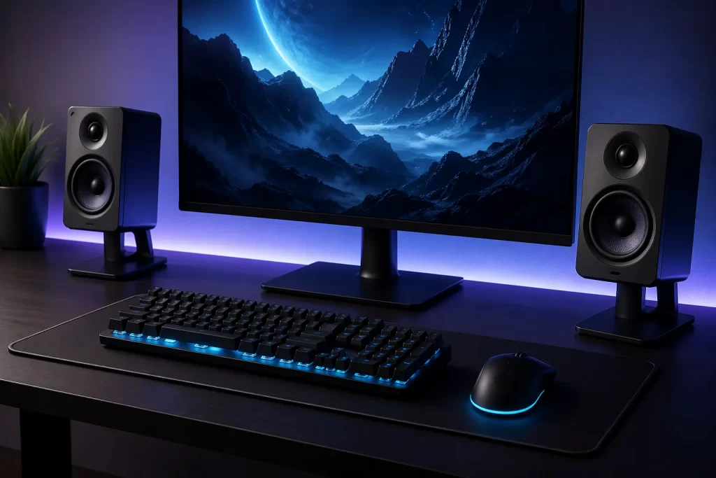 Beter geluid en een strakke, nette plek voor je speakers op je gaming desk.