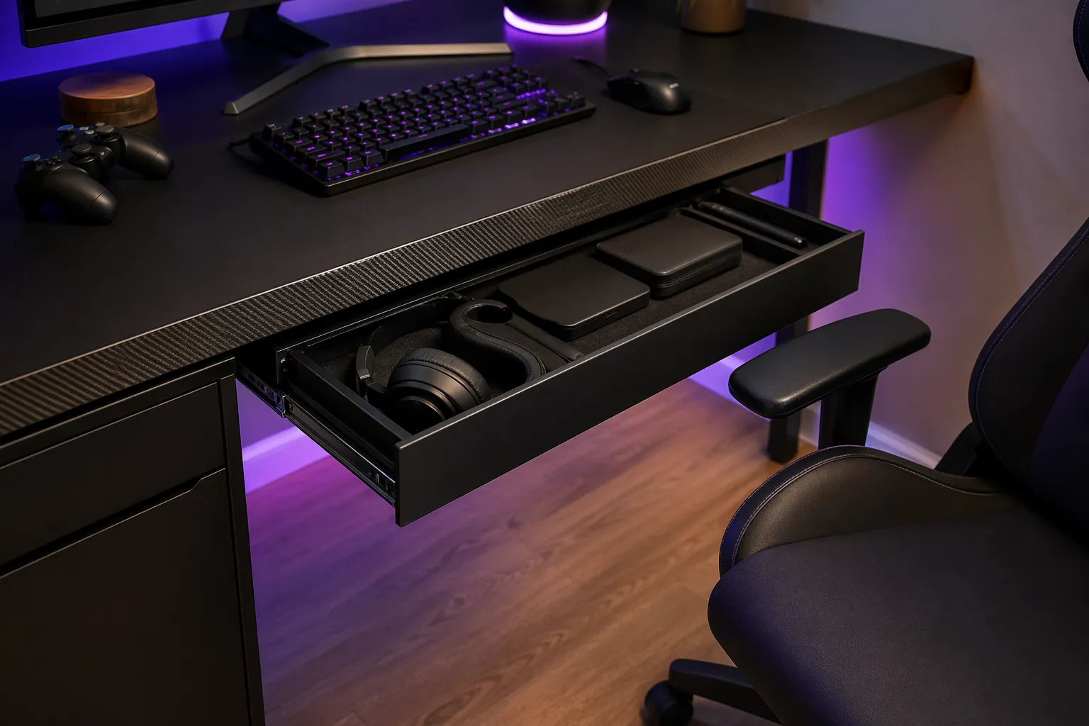 Slimme verborgen opbergruimte onder het bureau voor een minimalistische, nette en georganiseerde gaming setup.