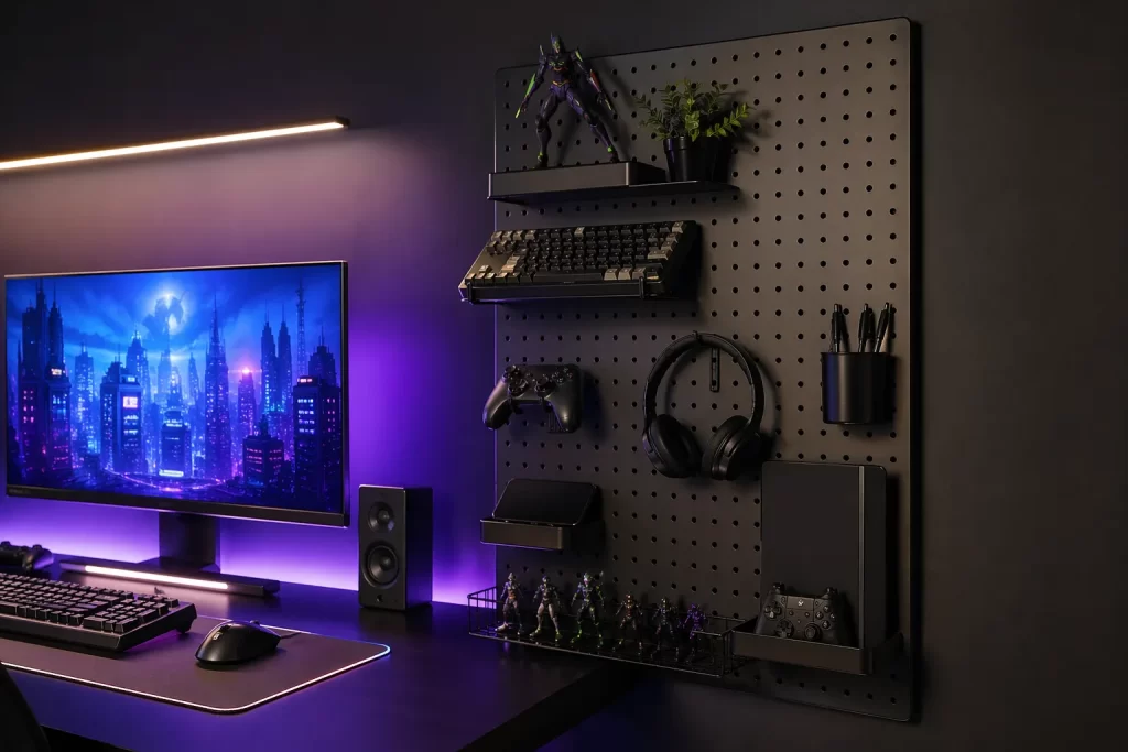 Verticale opbergruimte met een minimalistische pegboard-indeling voor een creatieve, nette en moderne gaminghoek.