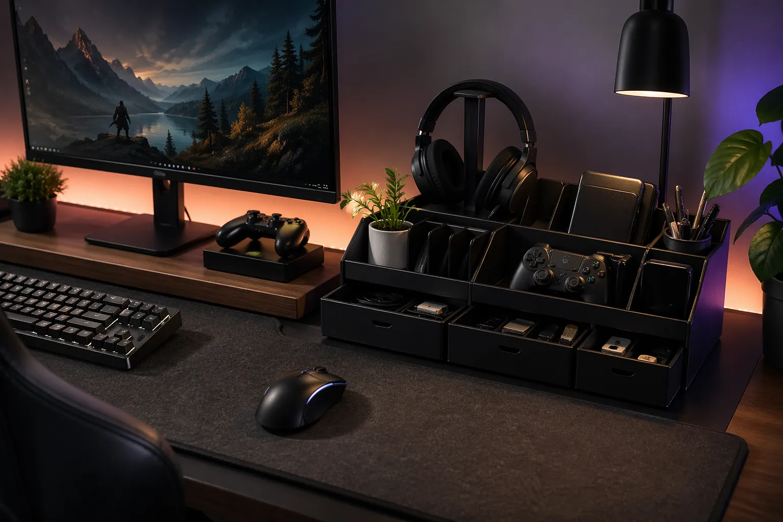 Een nette gamingdesk met slimme organizer voor kleine spullen en een rustige, opgeruimde look.