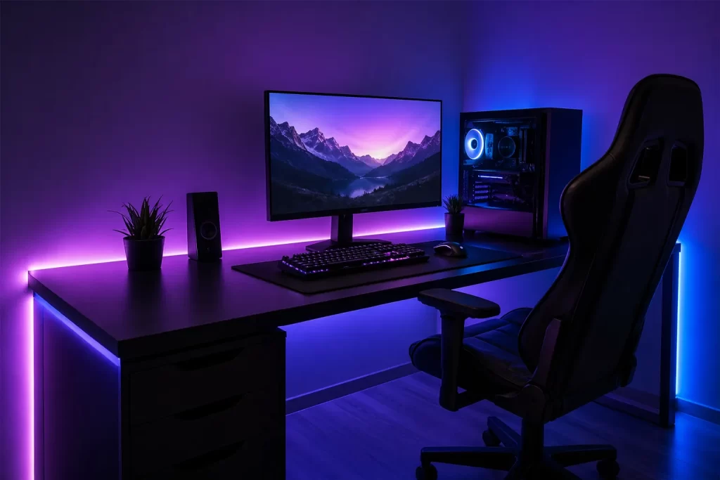 Subtiele sfeerverlichting voor een moderne, minimalistische en strakke gaming desk.
