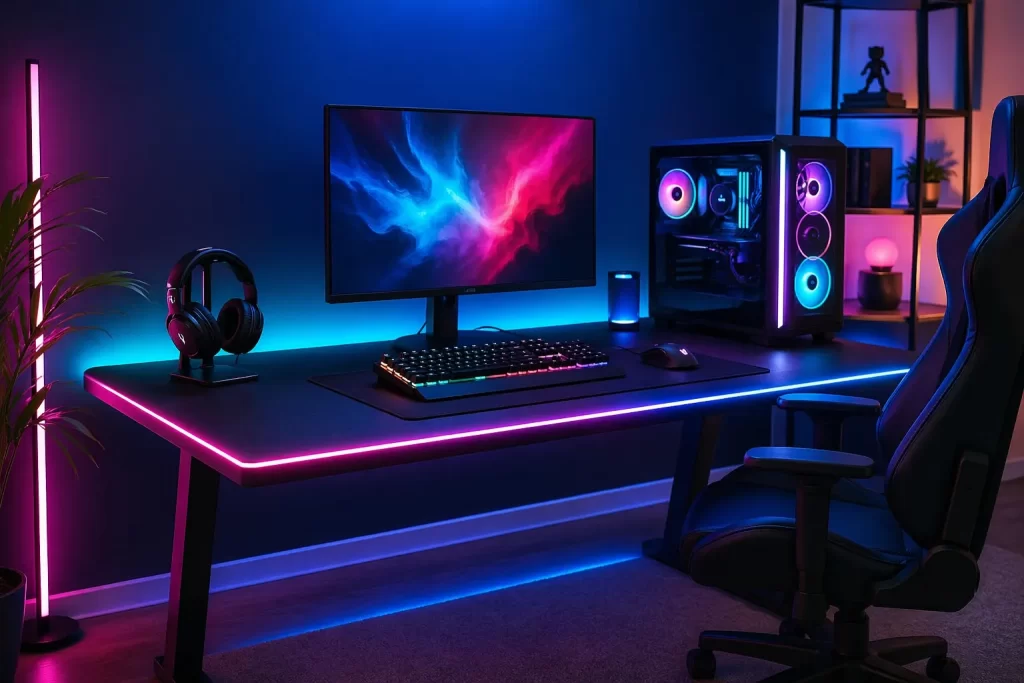 Strakke gaming setup met kleurrijke RGB-verlichting, moderne stijl en een gezellige sfeer.