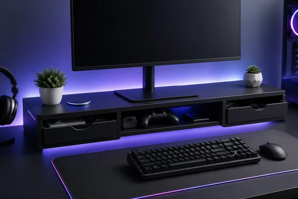 Strakke monitorverhoger met handige opbergruimte voor meer overzicht, extra comfort en een nette gaming setup.