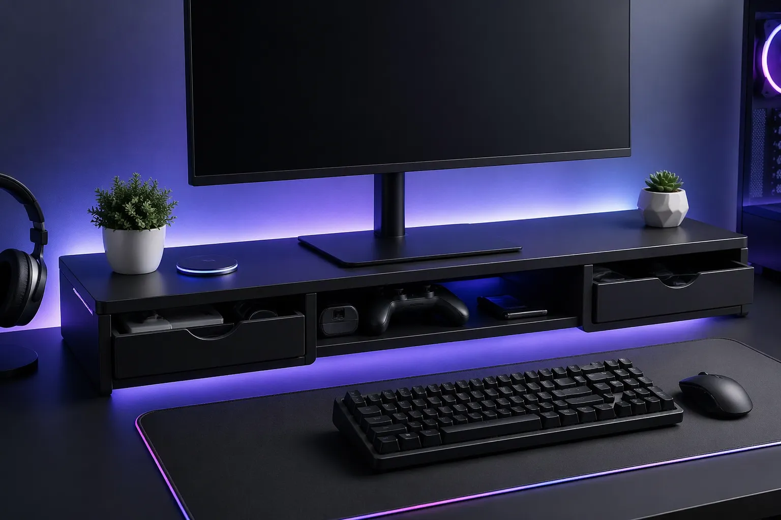 Strakke monitorverhoger met handige opbergruimte voor meer overzicht, extra comfort en een nette gaming setup.