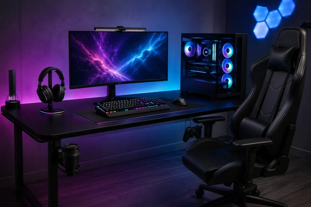 Strakke gaming setup met RGB-verlichting, monitor, headset en een moderne bureaustoel.