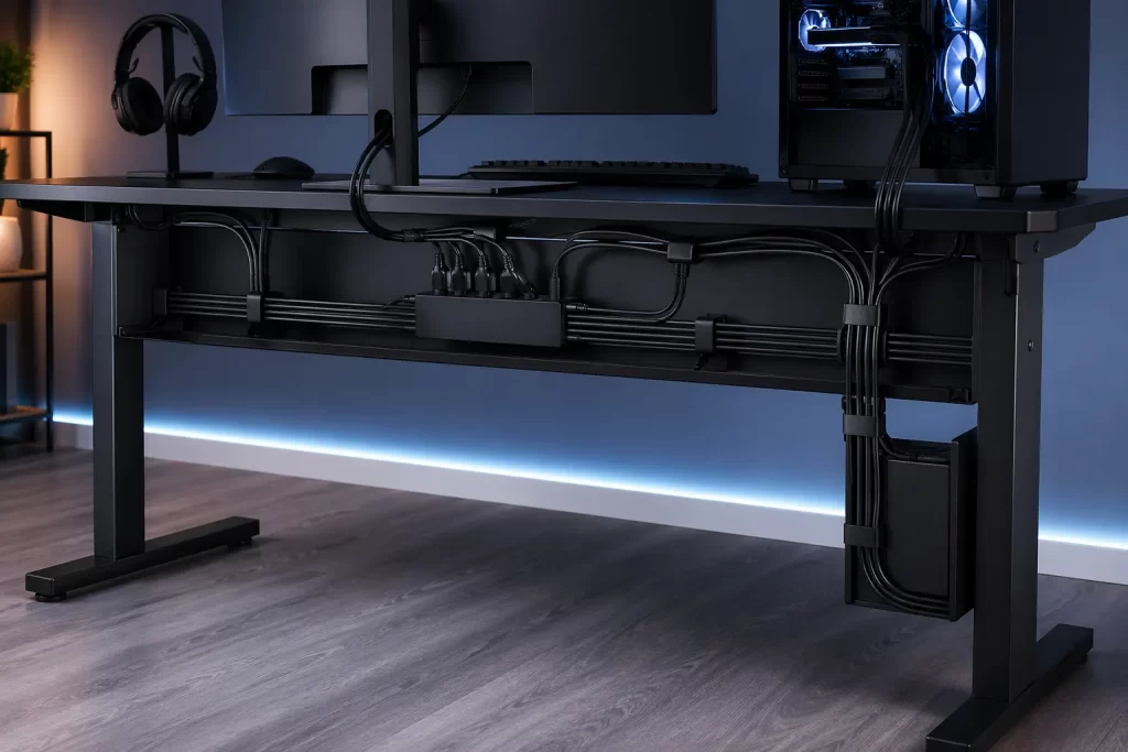 Strakke en nette kabeloplossing voor een modern gaming bureau.