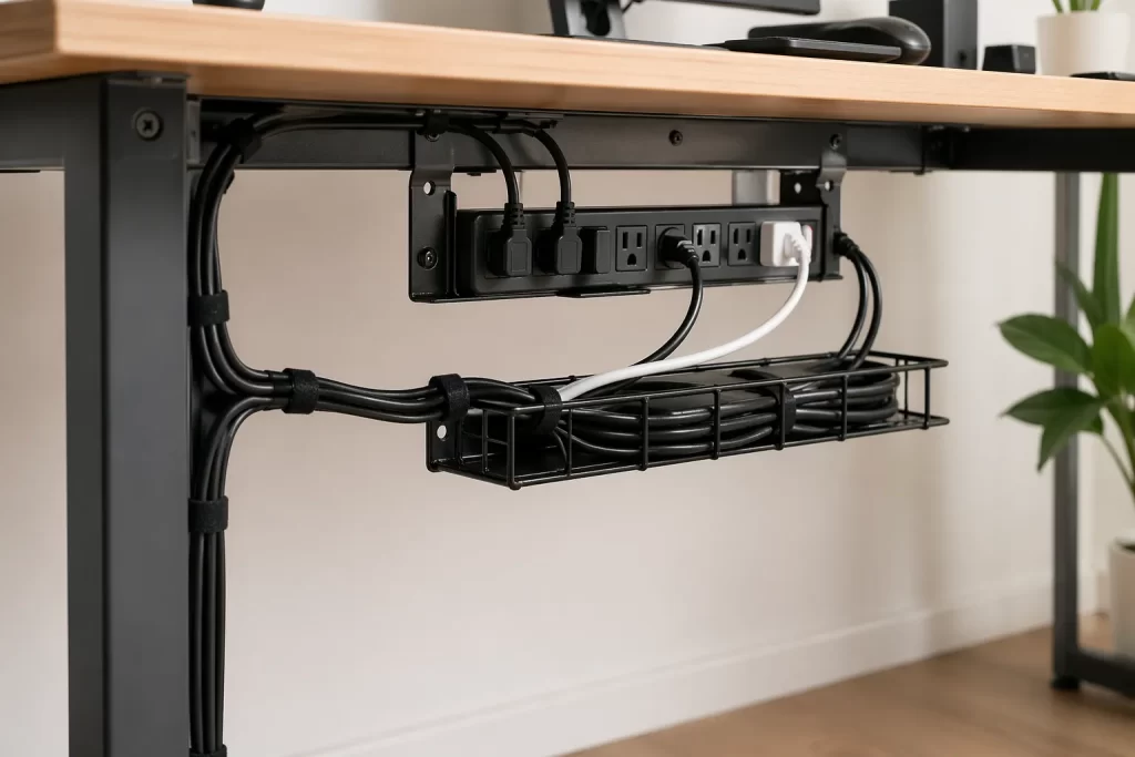 Een nette werkplek met een stekkerdoos onder het bureau en weggewerkte kabels voor een rustige, opgeruimde uitstraling.