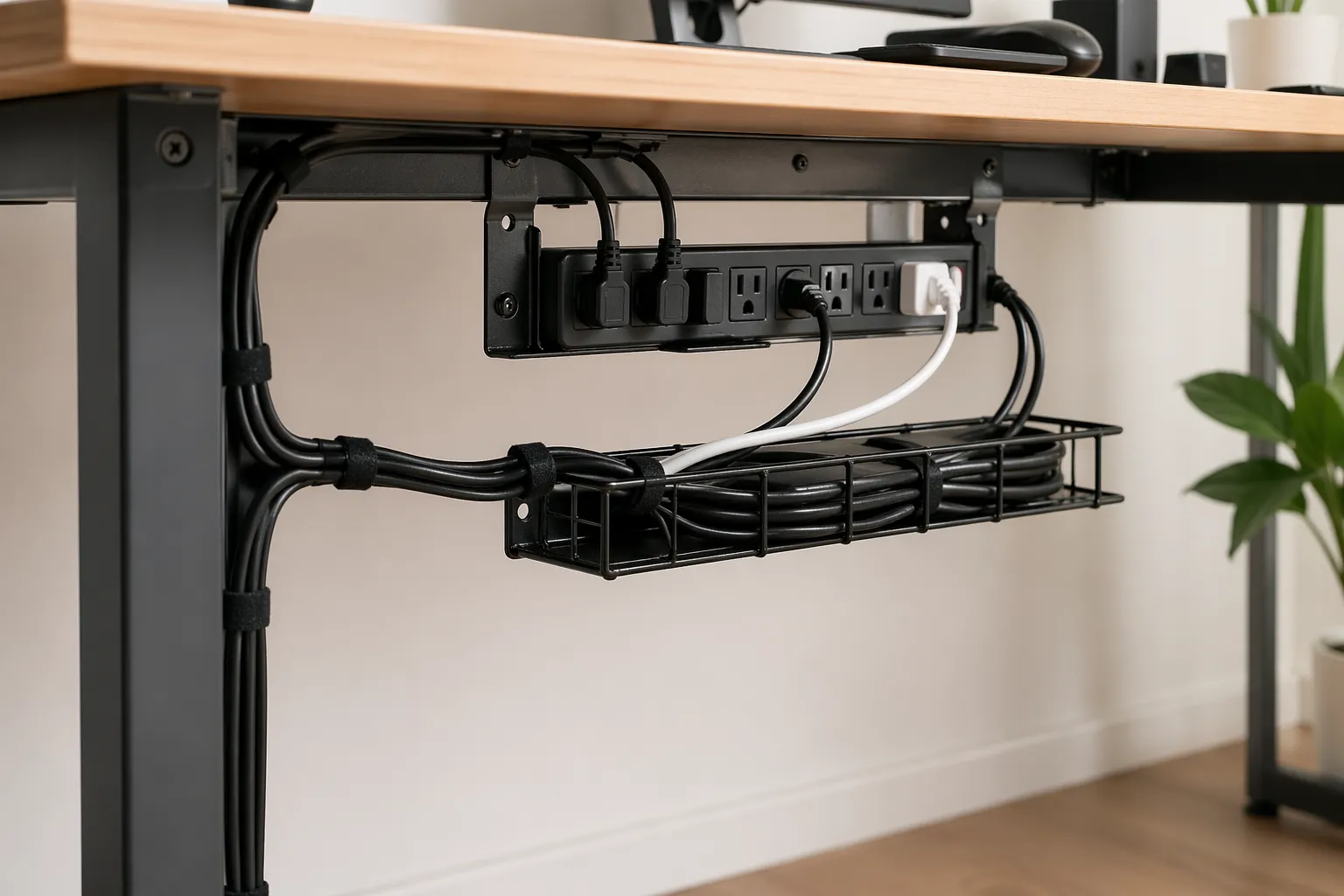 Een nette werkplek met een stekkerdoos onder het bureau en weggewerkte kabels voor een rustige, opgeruimde uitstraling.