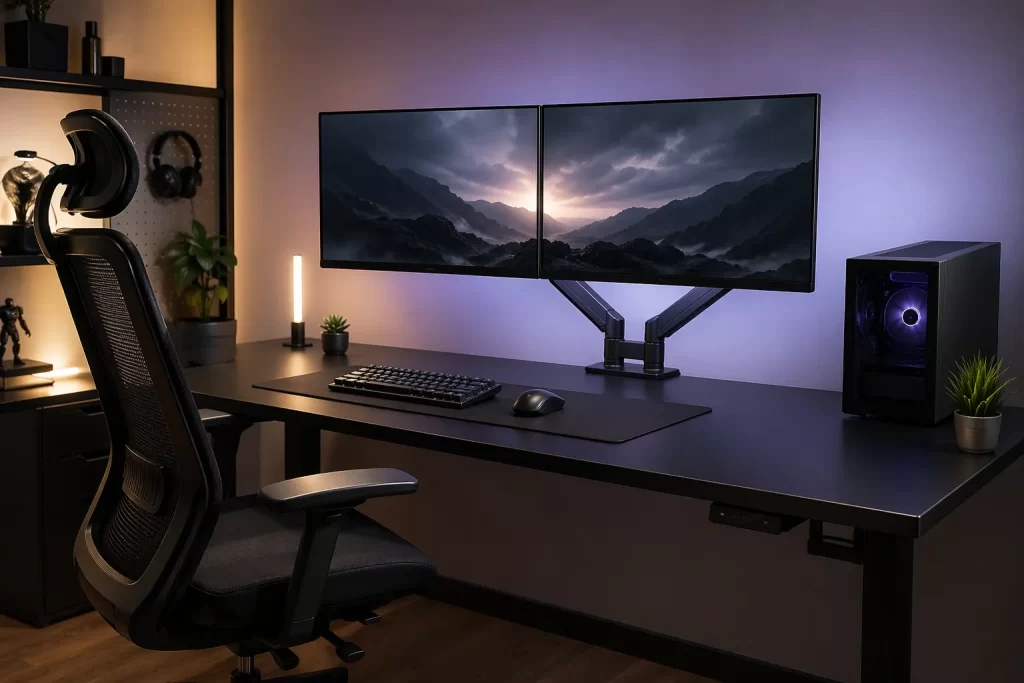 Een moderne gamingbureau-opstelling met monitorarm, meer werkruimte, een ergonomische houding en een nette, minimalistische uitstraling.