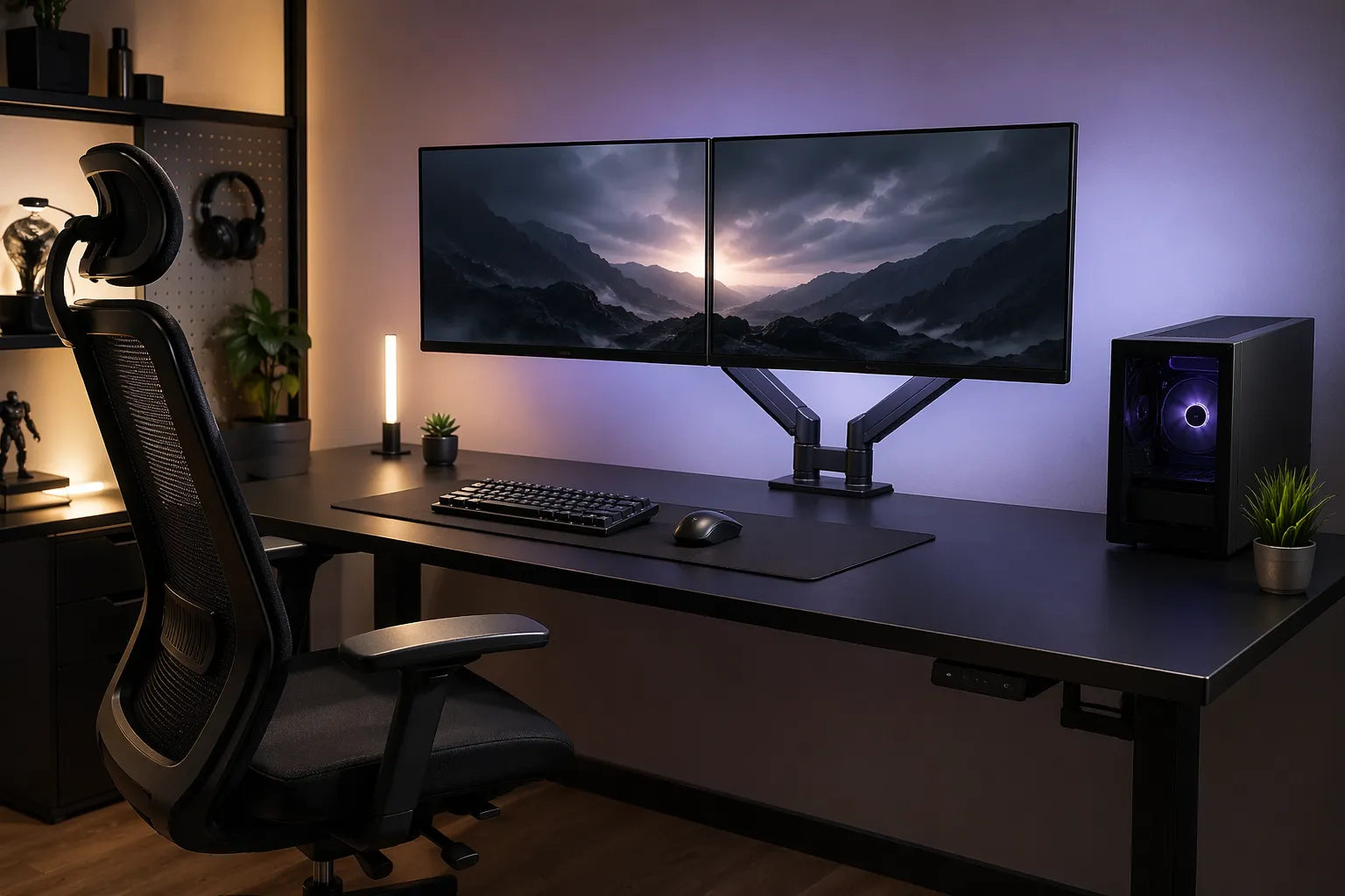 Een moderne gamingbureau-opstelling met monitorarm, meer werkruimte, een ergonomische houding en een nette, minimalistische uitstraling.