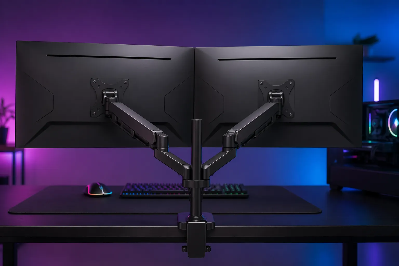 Strakke dubbele monitorarm in een moderne gaming setup met sfeervolle RGB-verlichting.