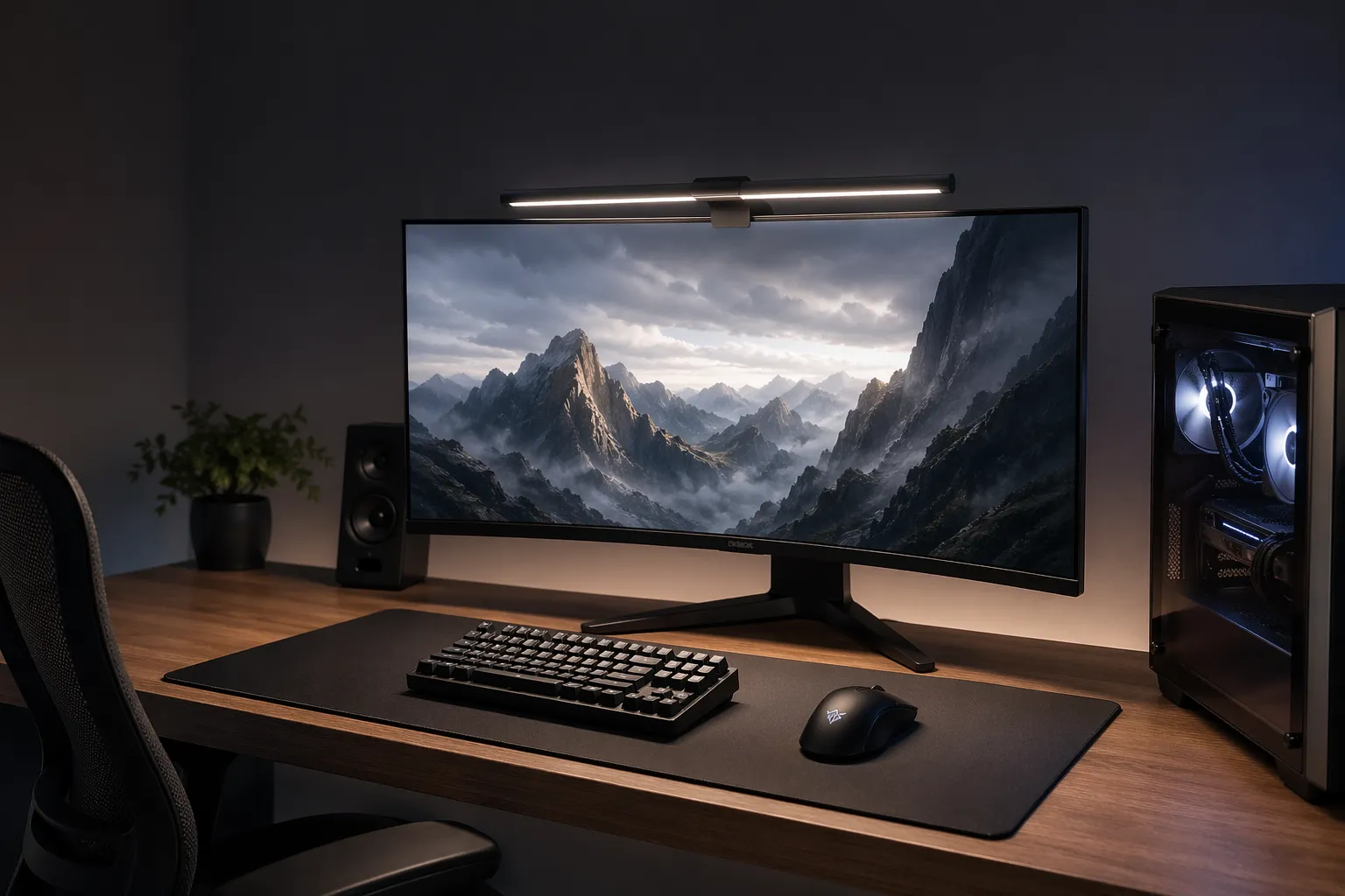 Strakke gaming setup met monitor light bar, warm bureaulicht en een opgeruimde, moderne uitstraling.