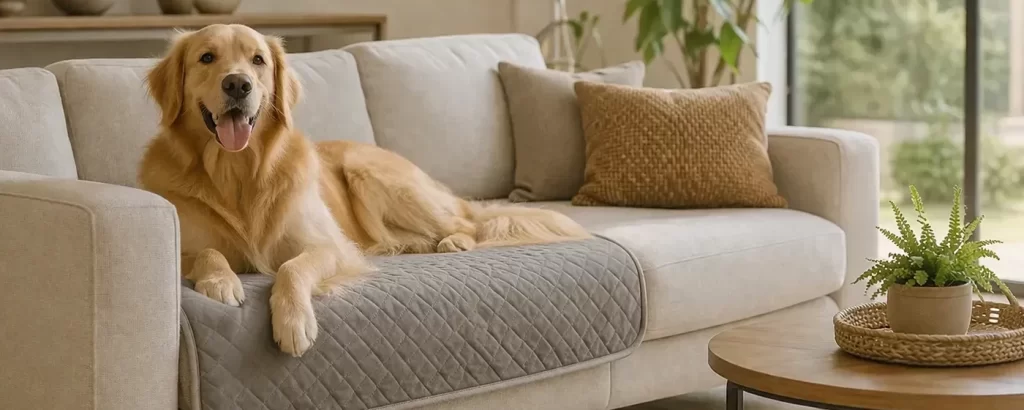 Een warme, rustige woonkamer met een comfortabele bank en een blije hond. Praktisch, stijlvol en gezellig.