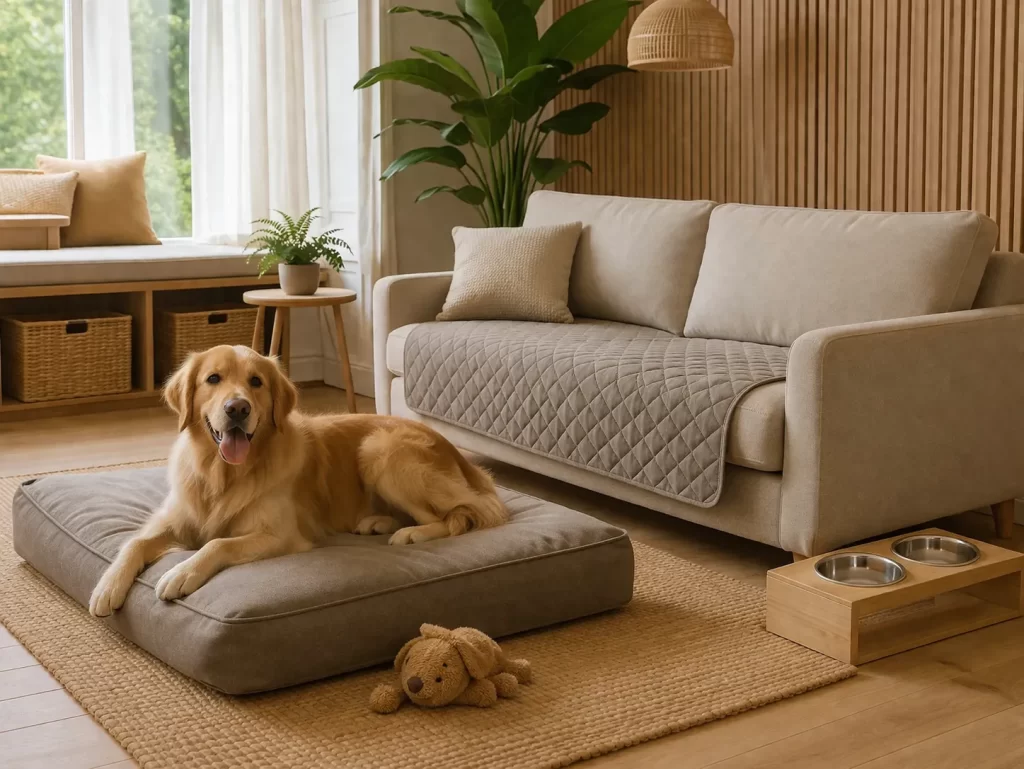 Een warme, moderne woonkamer met zachte materialen, veel daglicht en een comfortabele plek voor de hond.