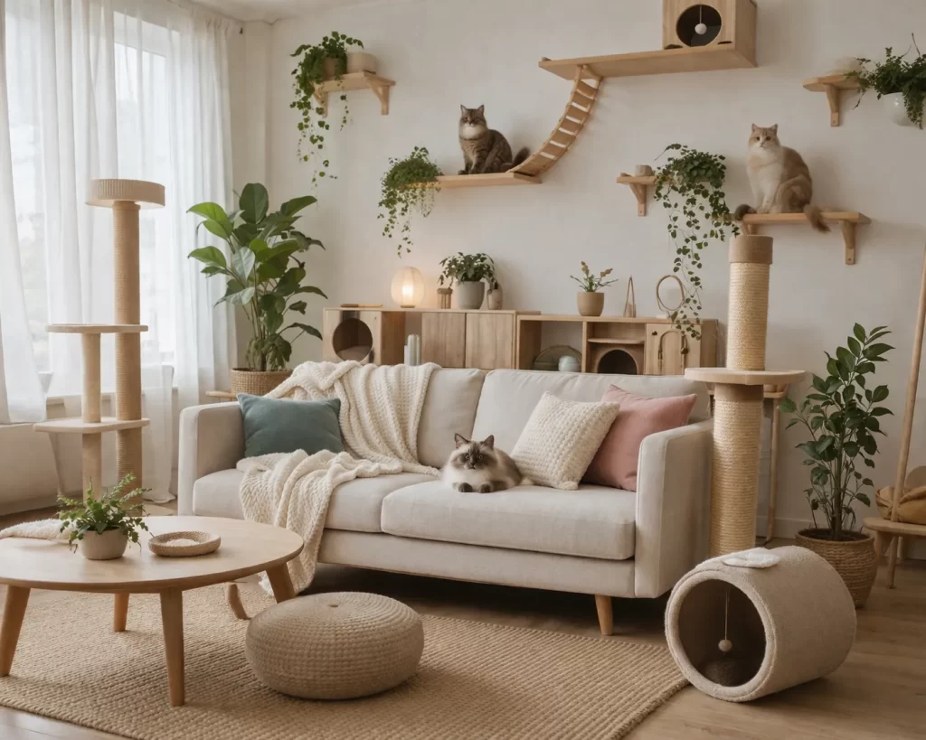 Een warme, rustige woonkamer met kattenmeubels, klimplanken en zachte natuurlijke tinten.