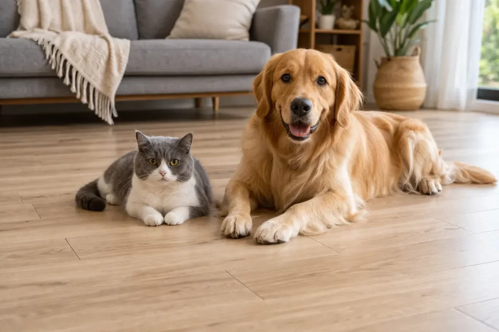 Een lichte, krasbestendige vloer in een warme woonkamer, ideaal voor honden en katten.