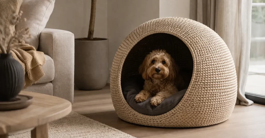 Een mooie hondenmand in natuurlijke tinten, harmonieus verwerkt in een warm en modern interieur.