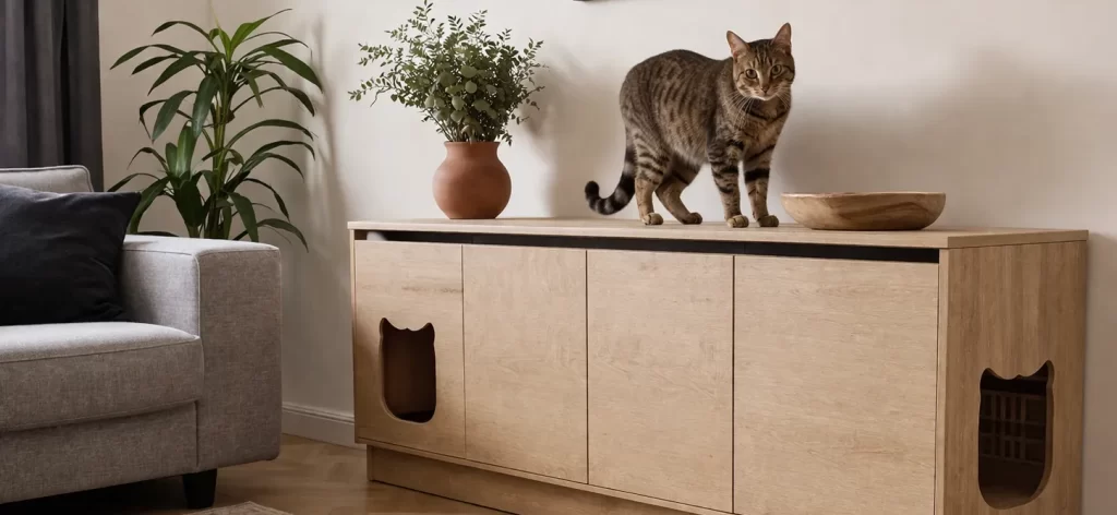 Moderne woonkamer met een discreet kattenmeubel dat mooi opgaat in het interieur.