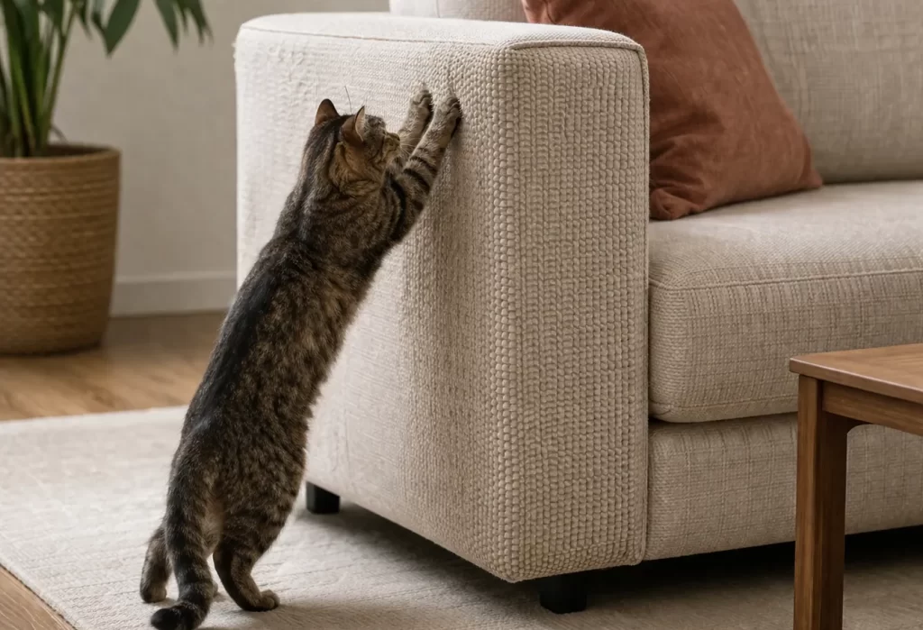 Moderne woonkamer met een kat die aan een stevige, krasbestendige bank krabt.