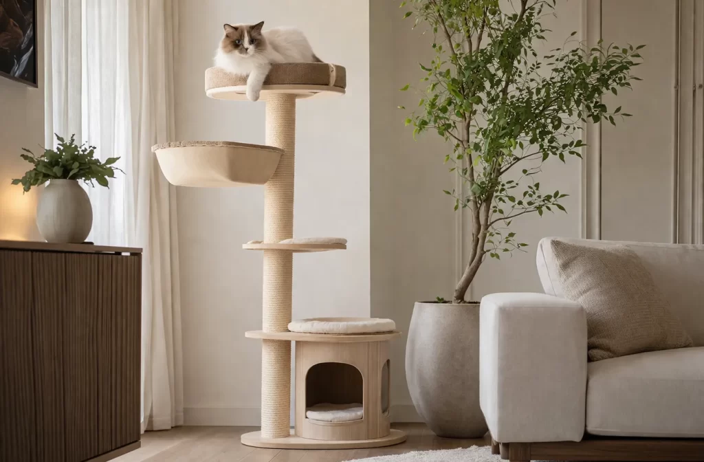 Een elegante krabpaal in natuurlijke tinten, mooi geïntegreerd in een moderne en rustige woonkamer.