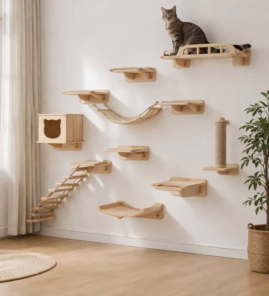 Moderne houten kattenklimwand voor binnen, met ligplanken, krabpaal en hangmat.