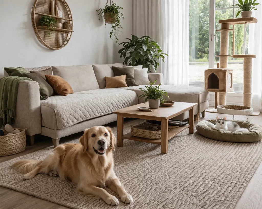 Een warme, stijlvolle woonkamer met duurzame materialen, zachte tinten en comfortabele plekjes voor hond en kat.