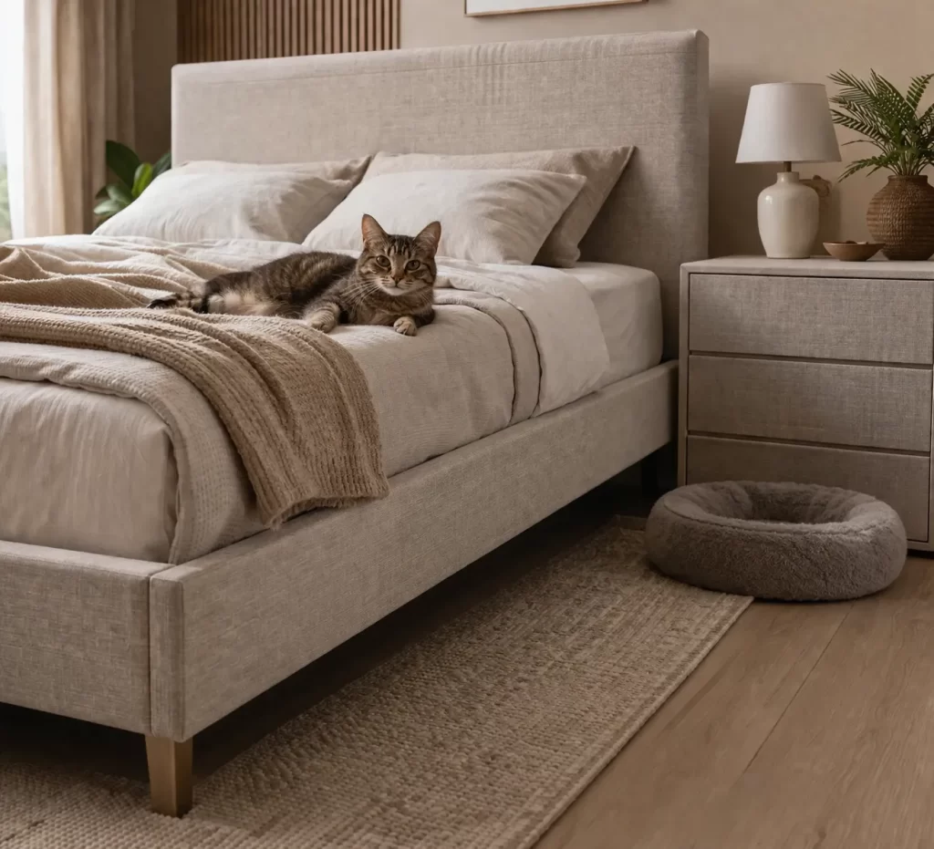 Slaapkamer met duurzame, krasbestendige meubels en een rustige, huisdiervriendelijke uitstraling.