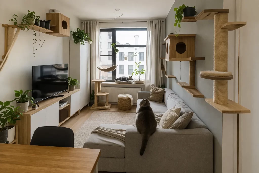 Compacte, lichte woonkamer met klimplanken, krabpaal en gezellige rustplekjes voor katten.