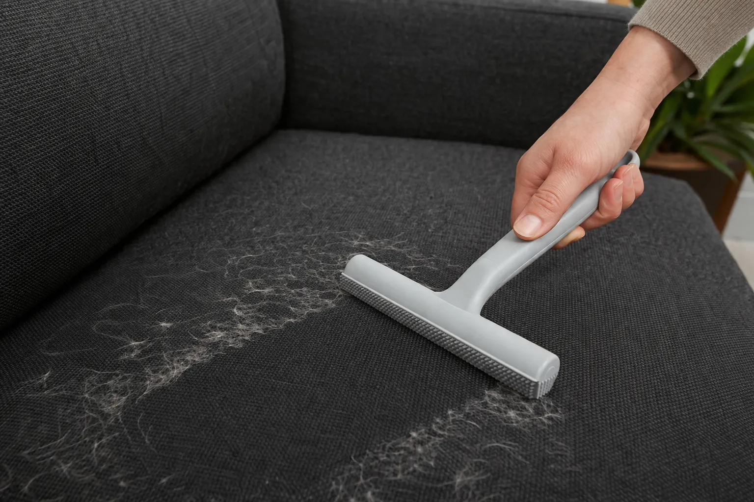 Praktische manier om dierenhaar snel van een stoffen bank te verwijderen.