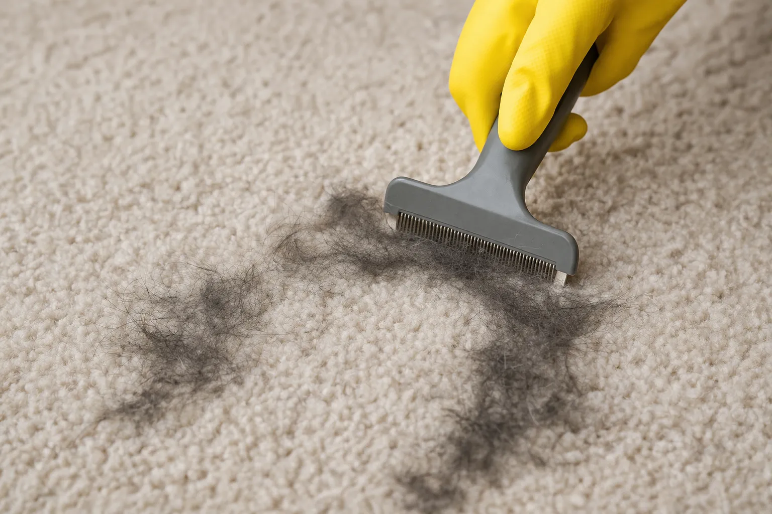 Realistische foto van het verwijderen van dierenhaar uit een vloerkleed met een borstel.