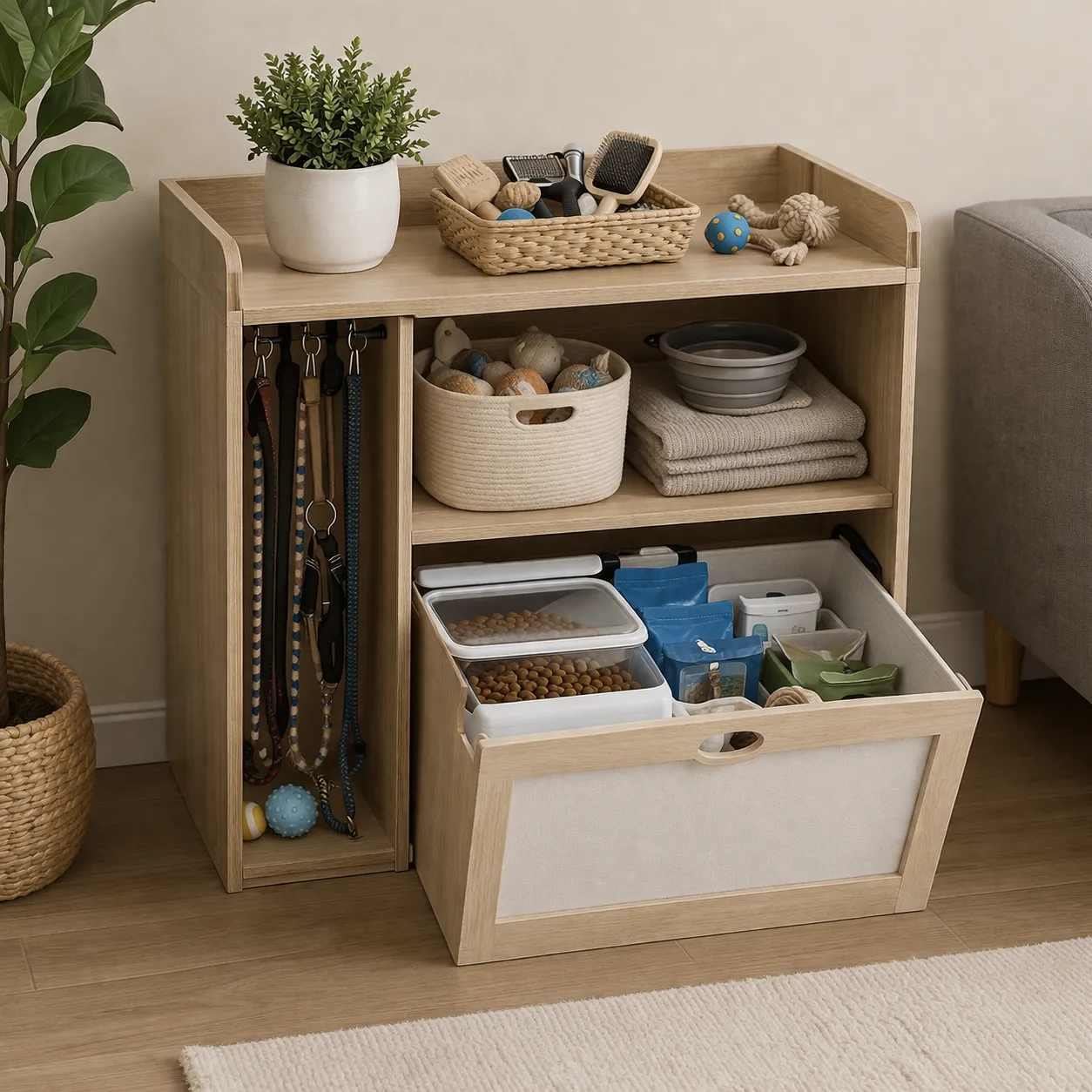 Praktische en stijlvolle opberger voor riemen, speeltjes, voer en verzorgingsspullen.