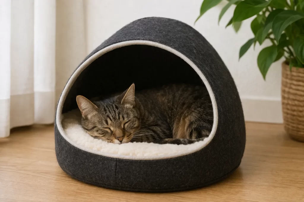 Een kat slaapt rustig in een knus kattenbed op een stille plek in huis.