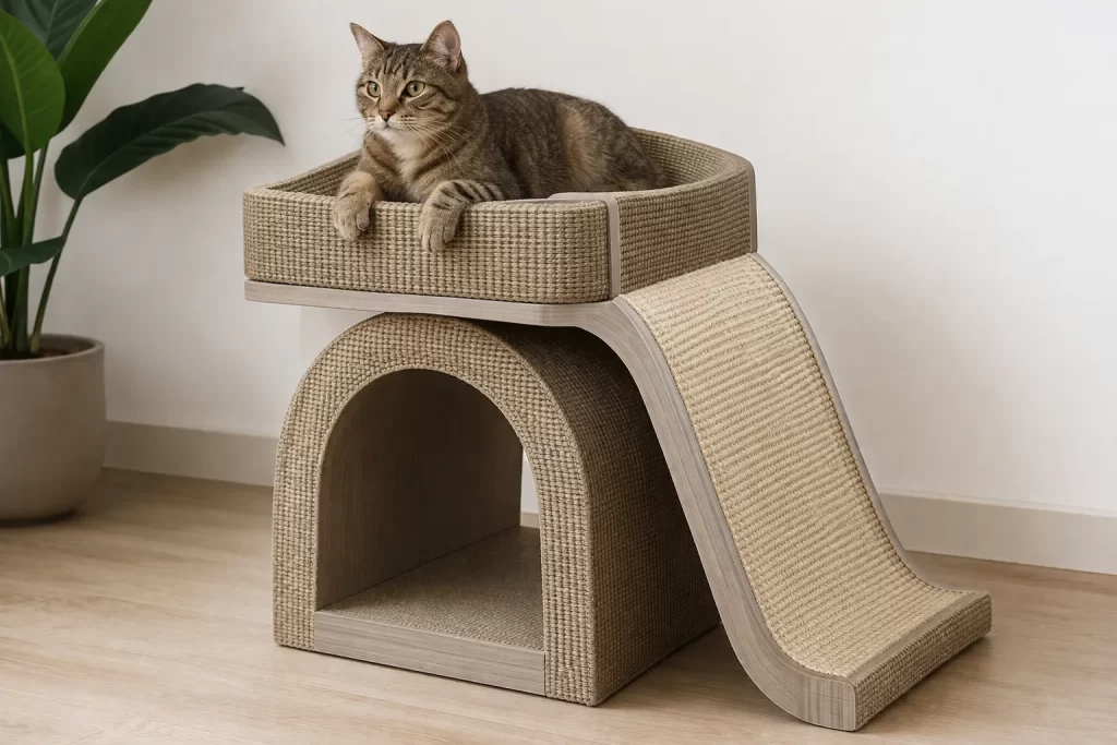 Stevig kattenmeubel met krabvaste bekleding en modern design.