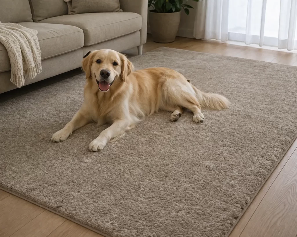 Moderne woonkamer met een zacht laagpolig vloerkleed en een ontspannen hond.